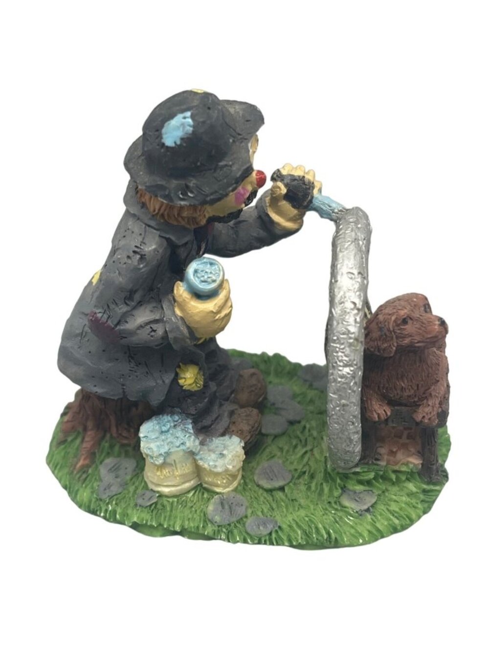 clown figurine green brown dog 3x2x3" grass patch collectable READ
